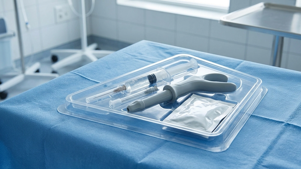 A sterile medical hydrogel kit with a syringe and applicator device resting on a blue surgical drape in a hospital setting.