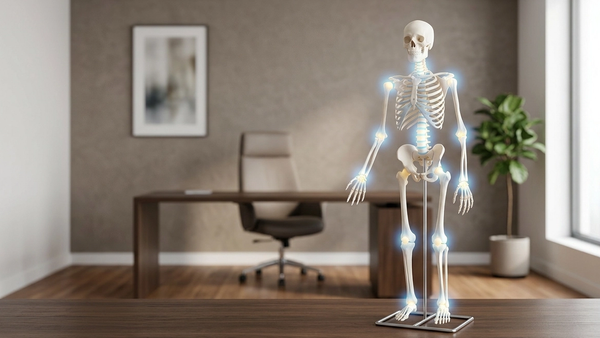 An illustration of a human skeletal model highlighting various joints and limbs frequently associated with workplace injury claims in Illinois.