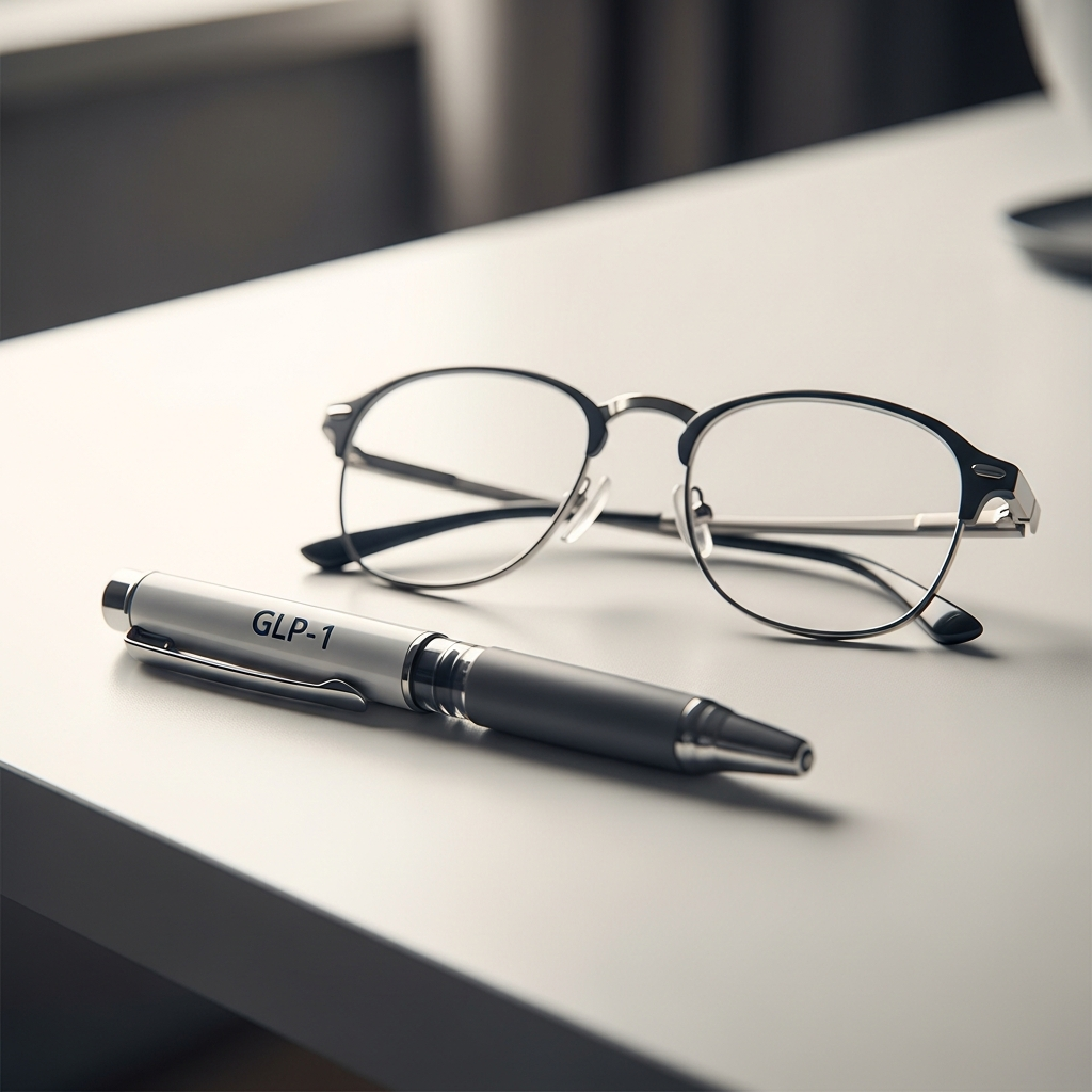 A prescription injection pen for GLP-1 medication rests on a white clinical table next to a pair of reading glasses, signifying the link between the drug and permanent eye conditions like NAION.