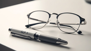 A prescription injection pen for GLP-1 medication rests on a white clinical table next to a pair of reading glasses, signifying the link between the drug and permanent eye conditions like NAION.