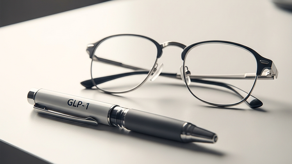 A prescription injection pen for GLP-1 medication rests on a white clinical table next to a pair of reading glasses, signifying the link between the drug and permanent eye conditions like NAION.