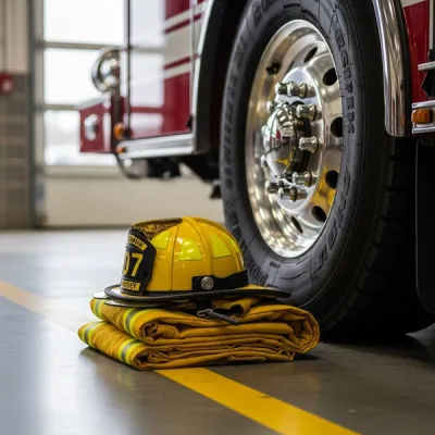 A yellow firefighter turnout coat and helmet resting on the floor of a fire station bay next to a fire truck tire.