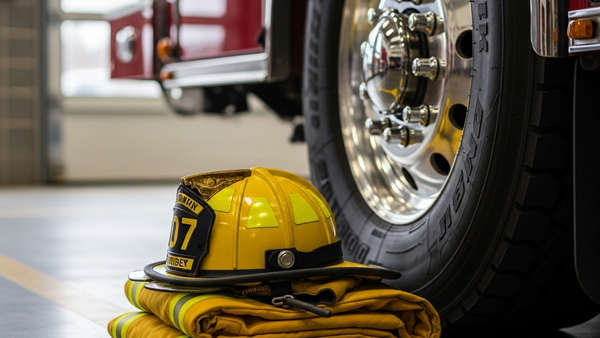A yellow firefighter turnout coat and helmet resting on the floor of a fire station bay next to a fire truck tire.