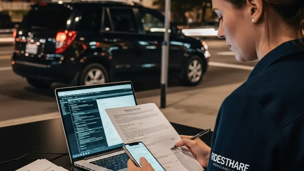 A dark rideshare vehicle parked on a city street at night representing safety concerns.