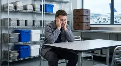 A person sitting alone in a breakroom at an airport catering facility, looking distressed, with industrial food containers and shelving in the background.