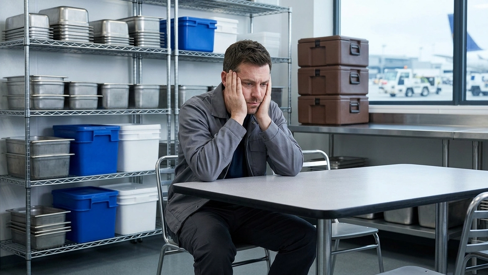 A person sitting alone in a breakroom at an airport catering facility, looking distressed, with industrial food containers and shelving in the background.