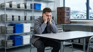 A person sitting alone in a breakroom at an airport catering facility, looking distressed, with industrial food containers and shelving in the background.
