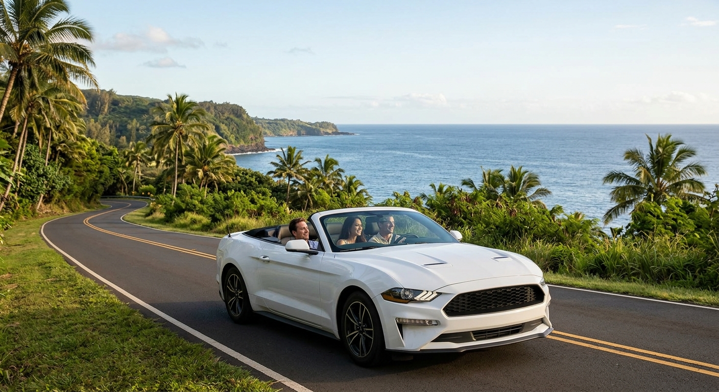 A white rental convertible driving along a coastal highway in Hawaii with palm trees and a clear blue ocean in the background.