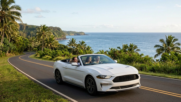 A white rental convertible driving along a coastal highway in Hawaii with palm trees and a clear blue ocean in the background.
