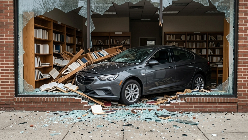 A vehicle crashed through the front window of a store with glass fragments on the sidewalk and the car hood buried in bookshelves.