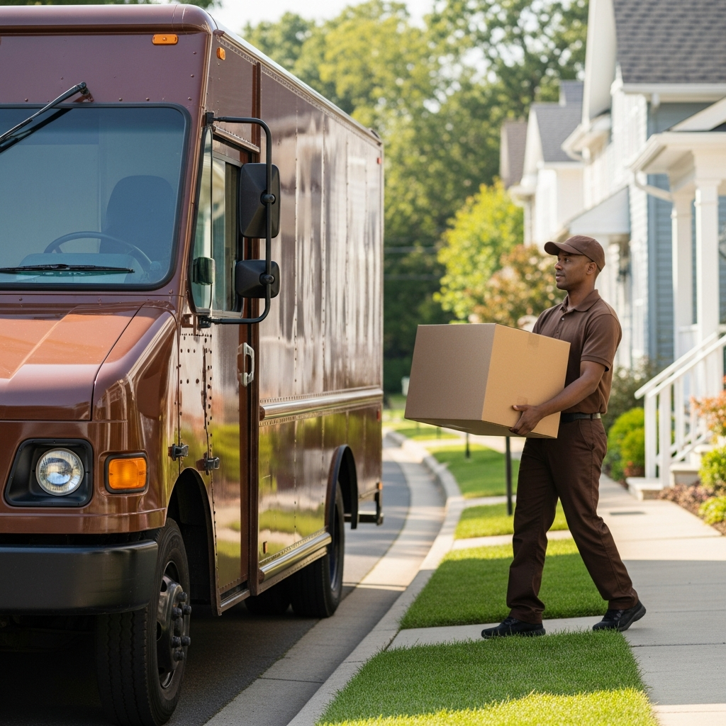 A brown delivery truck parked on a residential street as a worker in a brown uniform carries a large box toward a front porch.