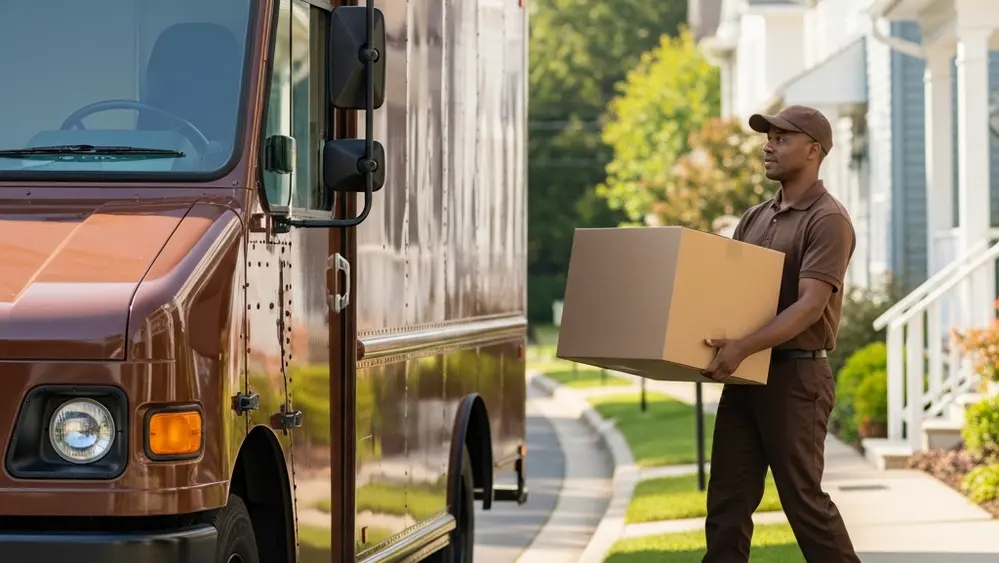 A brown delivery truck parked on a residential street as a worker in a brown uniform carries a large box toward a front porch.