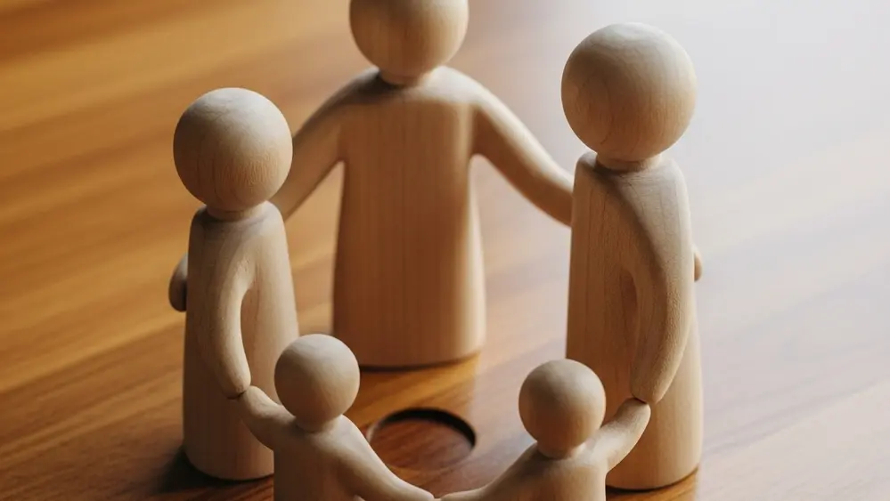 A symbolic image showing a wooden table with a small family of handcrafted figurines, with one figure missing from the circle, representing loss and the remaining family bond.