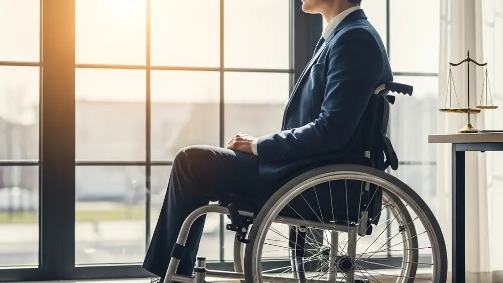 A person in a business suit sitting in a wheelchair while looking out a large office window during a sunny day.