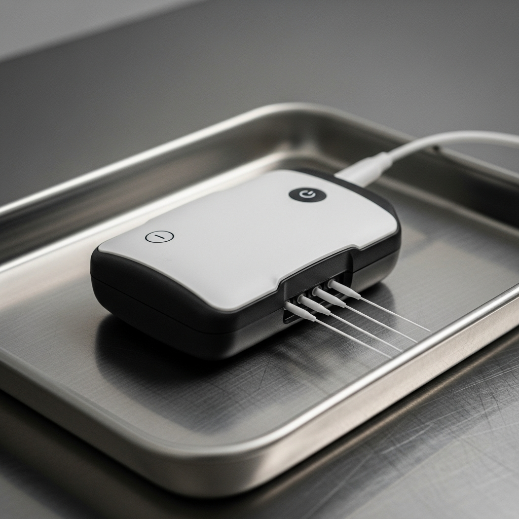 a sleek medical spinal cord stimulator with thin electrodes resting on a sterile metal tray