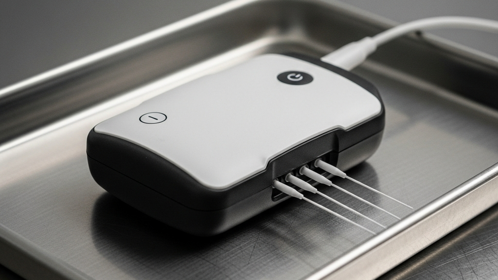 a sleek medical spinal cord stimulator with thin electrodes resting on a sterile metal tray