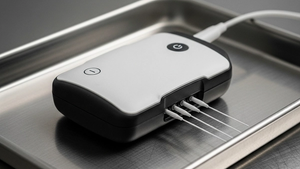 a sleek medical spinal cord stimulator with thin electrodes resting on a sterile metal tray