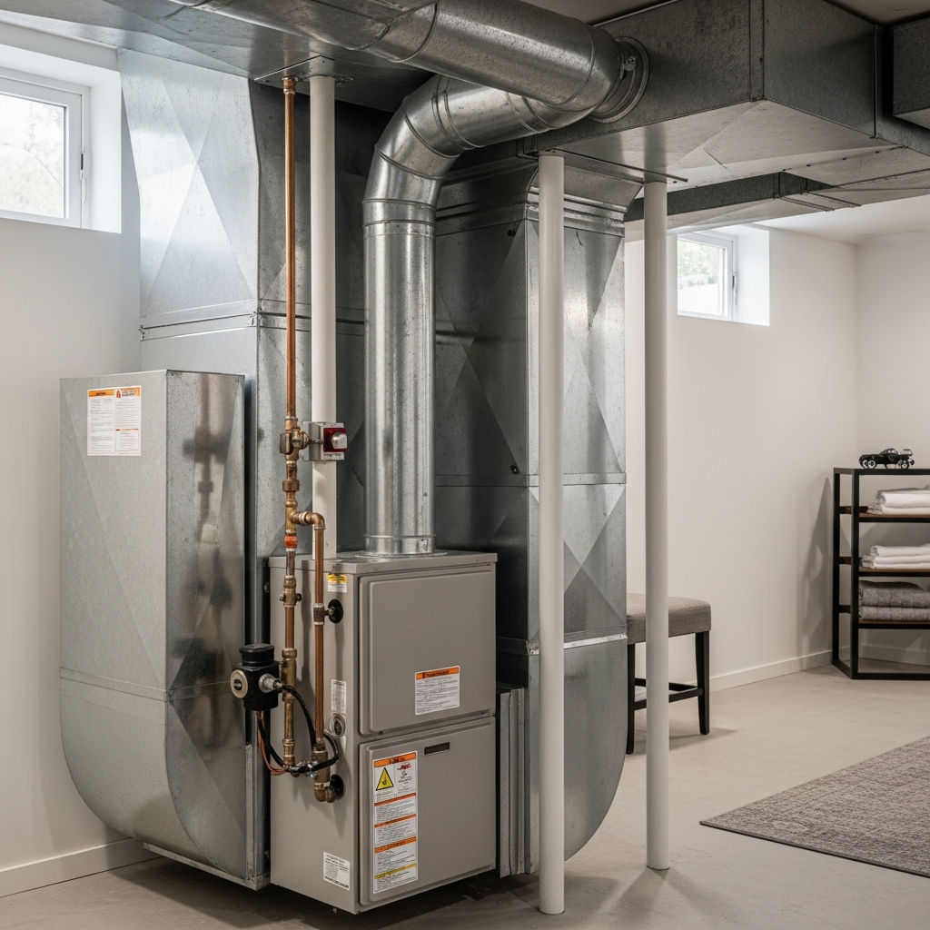 A modern residential furnace installed in a home basement with a gas pipe and exhaust vent visible.