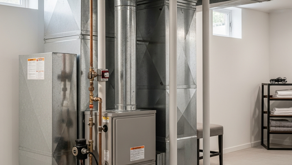 A modern residential furnace installed in a home basement with a gas pipe and exhaust vent visible.