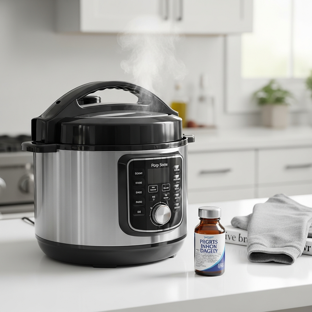A modern electric pressure cooker sitting on a clean kitchen countertop with a slight amount of steam visible near the lid