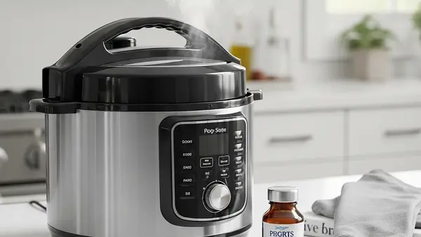 A modern electric pressure cooker sitting on a clean kitchen countertop with a slight amount of steam visible near the lid