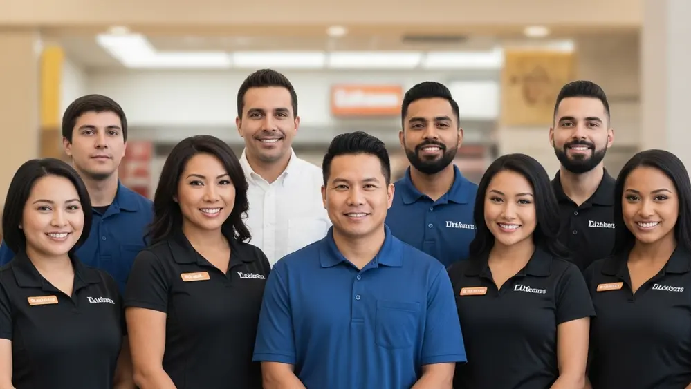 Image showing a diverse group of employees standing together, with a blurred Little Caesars sign in the background, symbolizing unity against discrimination.