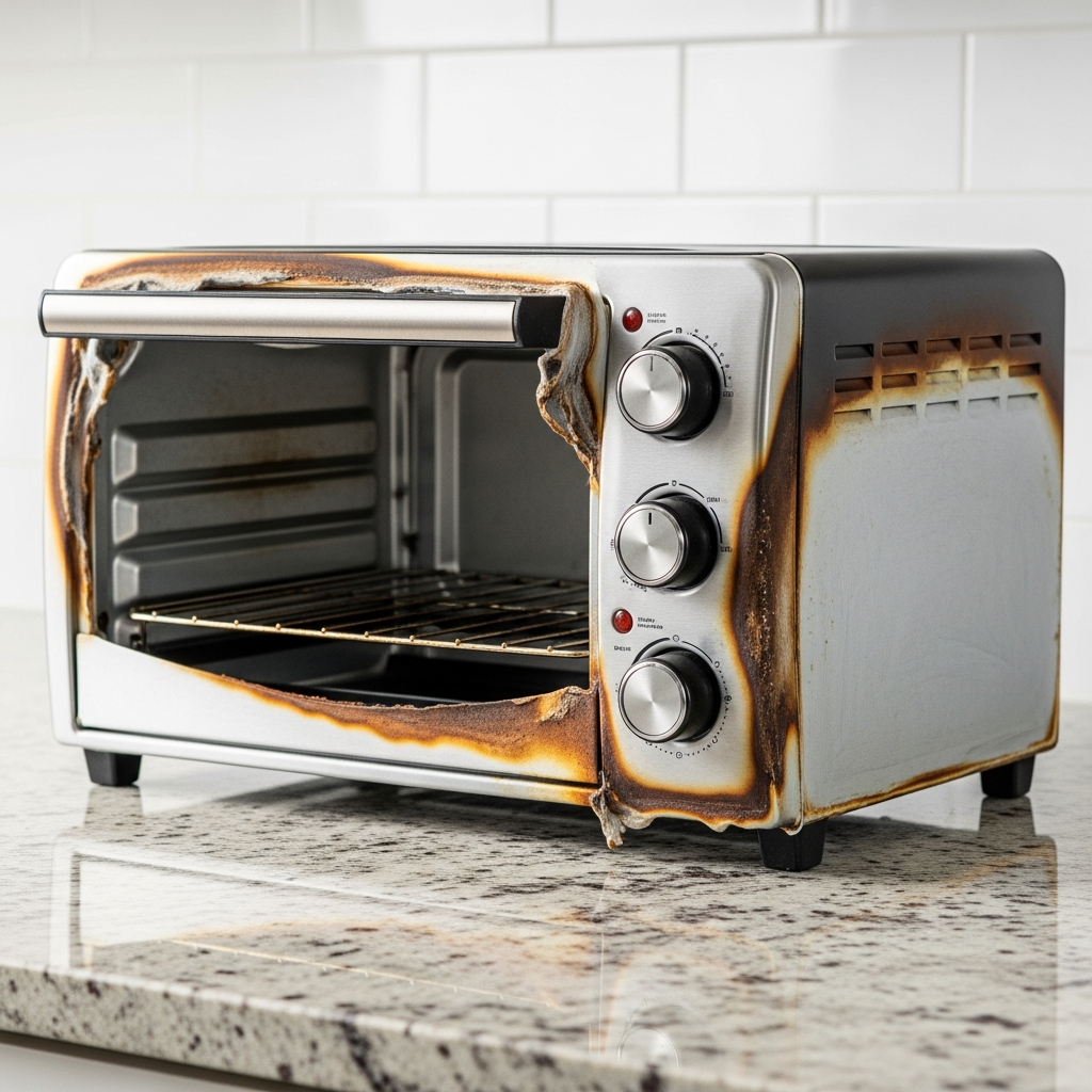 A countertop toaster oven sits on a granite kitchen counter with signs of heat damage and melting on the outer plastic casing.