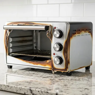 A countertop toaster oven sits on a granite kitchen counter with signs of heat damage and melting on the outer plastic casing.