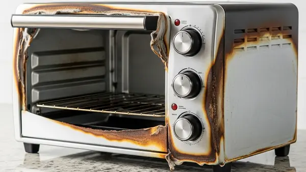 A countertop toaster oven sits on a granite kitchen counter with signs of heat damage and melting on the outer plastic casing.