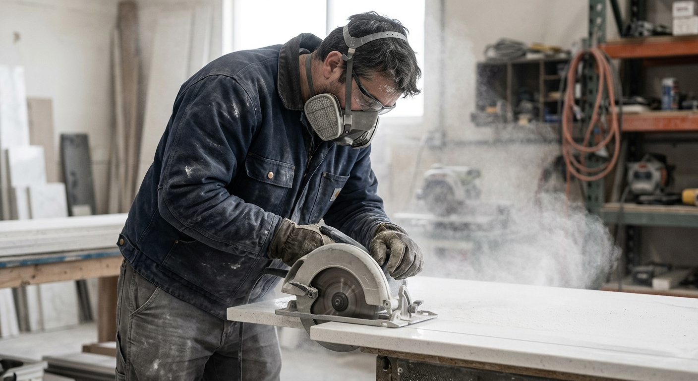 A worker in a heavy-duty respirator cutting a white quartz countertop slab in a workshop, surrounded by a cloud of fine white dust.