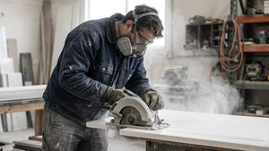 A worker in a heavy-duty respirator cutting a white quartz countertop slab in a workshop, surrounded by a cloud of fine white dust.