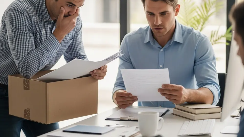 A stressed employee packing a box in an office while looking at a termination notice, representing the initial phase of a legal claim.