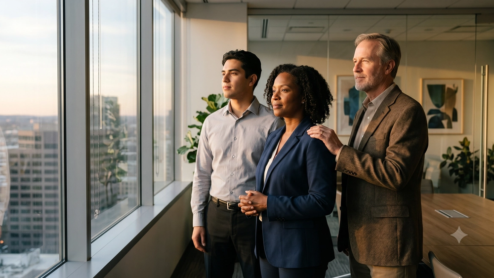 A diverse group of unified colleagues standing in a peaceful, modern office, looking out a large window at dusk. The scene represents resolution, hope, and workplace unity, symbolizing the successful settlement of a legal claim like harassment.