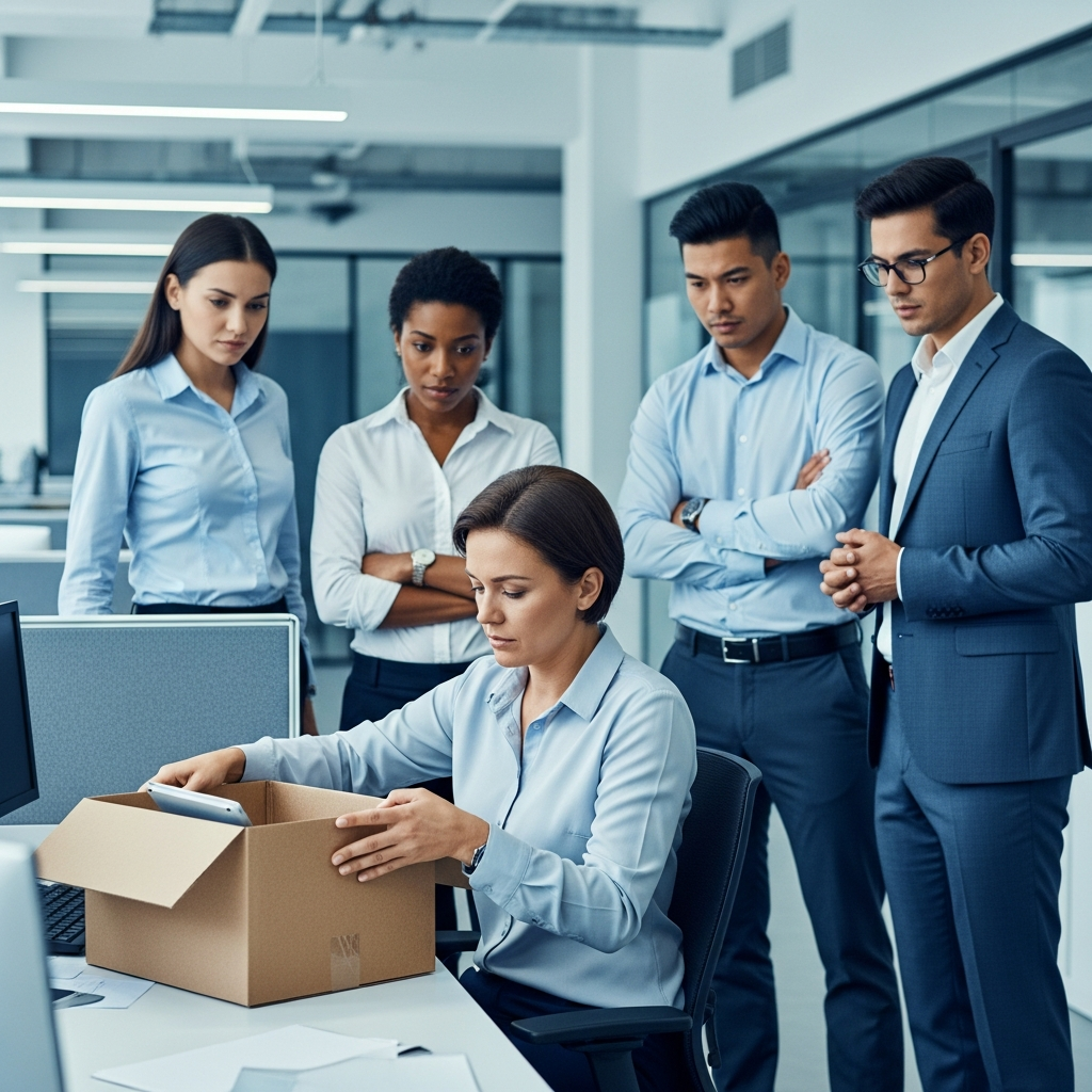 A diverse group of workers in a professional office setting, with one individual packing a cardboard box while colleagues look on with concern, representing a workplace termination.