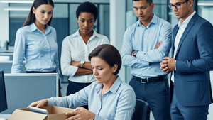 A diverse group of workers in a professional office setting, with one individual packing a cardboard box while colleagues look on with concern, representing a workplace termination.