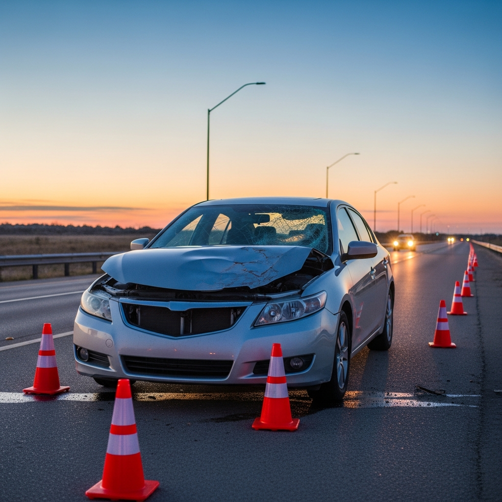 A silver sedan with a crumpled hood and shattered windshield sitting on the shoulder of a Texas highway at dusk with orange traffic cones surrounding it.