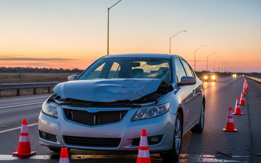 A silver sedan with a crumpled hood and shattered windshield sitting on the shoulder of a Texas highway at dusk with orange traffic cones surrounding it.