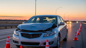 A silver sedan with a crumpled hood and shattered windshield sitting on the shoulder of a Texas highway at dusk with orange traffic cones surrounding it.