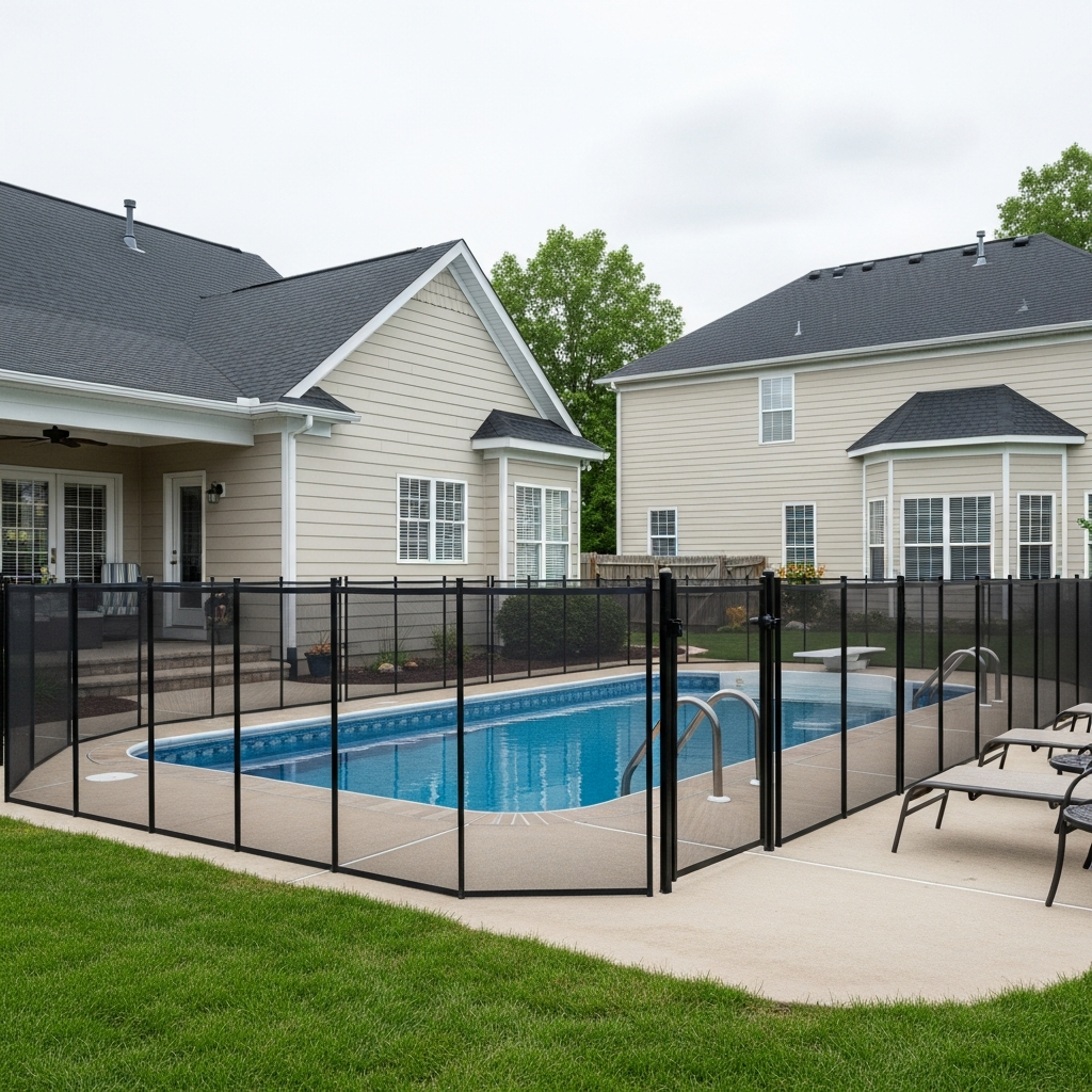 A suburban backyard featuring a swimming pool enclosed by a sturdy black metal safety fence with a child-resistant gate.