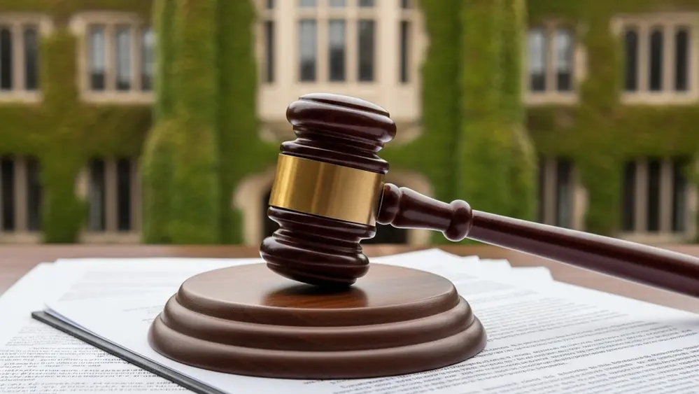 Gavel resting on legal documents with a blurred university building in the background, symbolizing a discrimination lawsuit settlement.