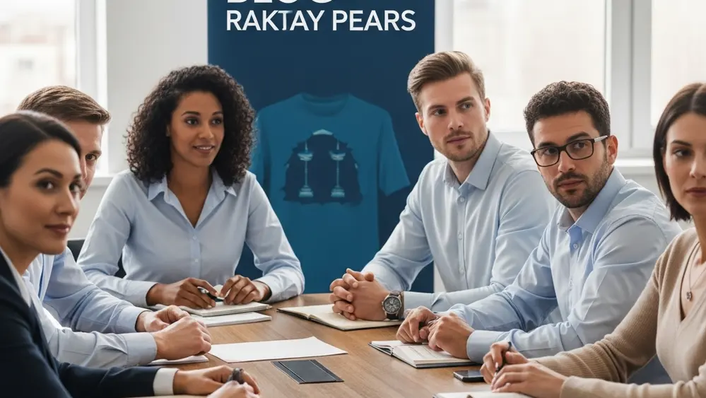 A diverse group of office employees sitting around a wooden conference table in a bright, modern office setting, looking focused and professional.