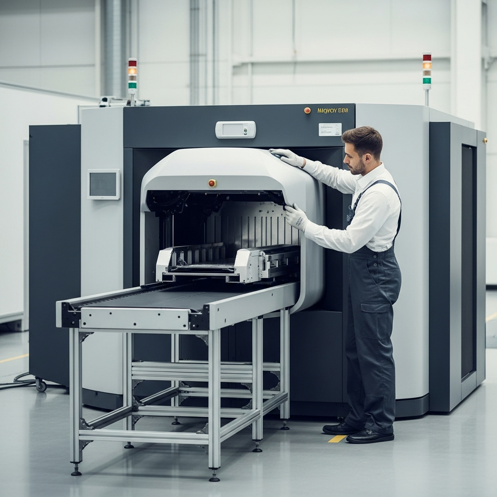 A large airport security scanner machine in a bright manufacturing facility being inspected by a technician.