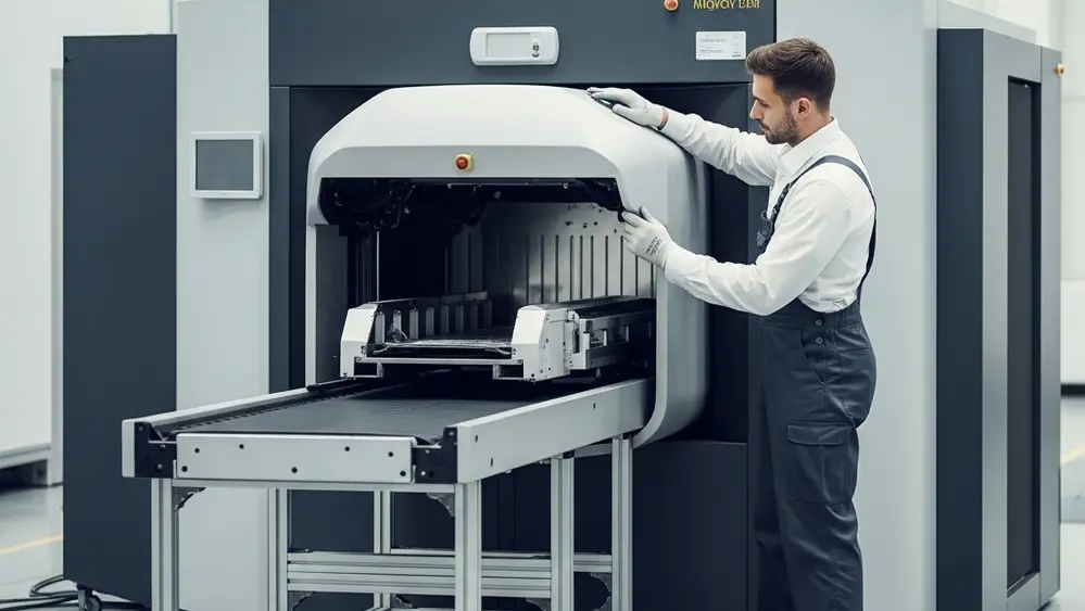 A large airport security scanner machine in a bright manufacturing facility being inspected by a technician.