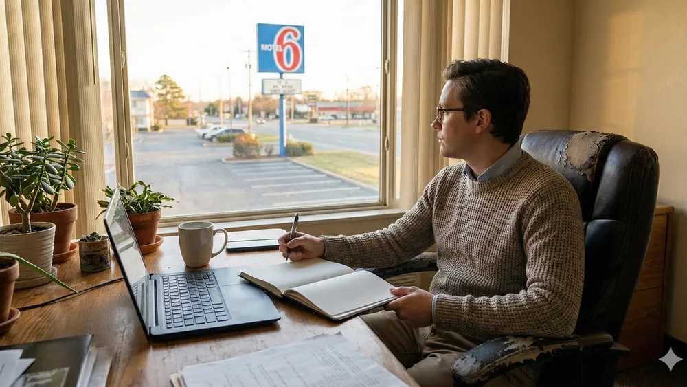 A person sitting in an office chair looking thoughtfully out a window while holding a pen near a blank notebook on a desk.
