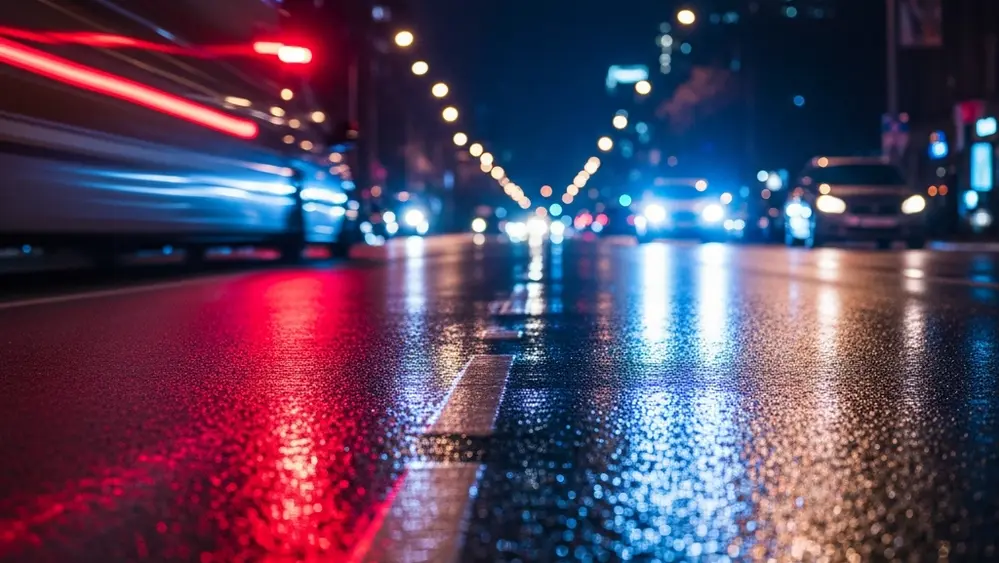 A view of a city street at night with emergency vehicle lights reflecting on the asphalt and blurred car silhouettes in the distance.