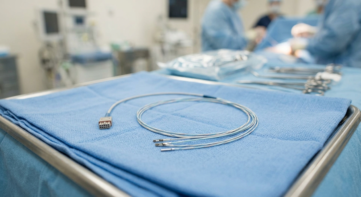A spinal cord stimulator lead with thin wires resting on a sterile blue surgical tray in a clinical environment.