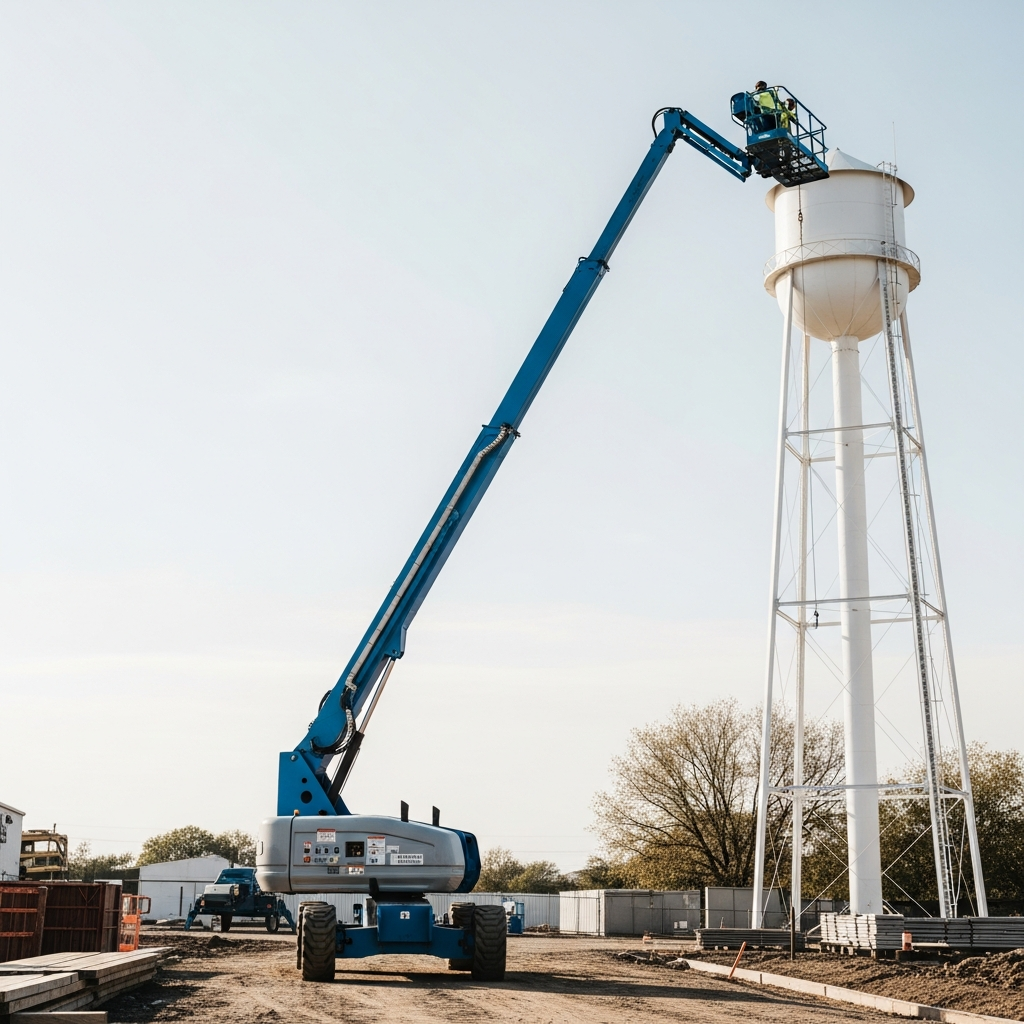 A large blue articulated boom lift extended high into the air toward a water tower on a construction site.