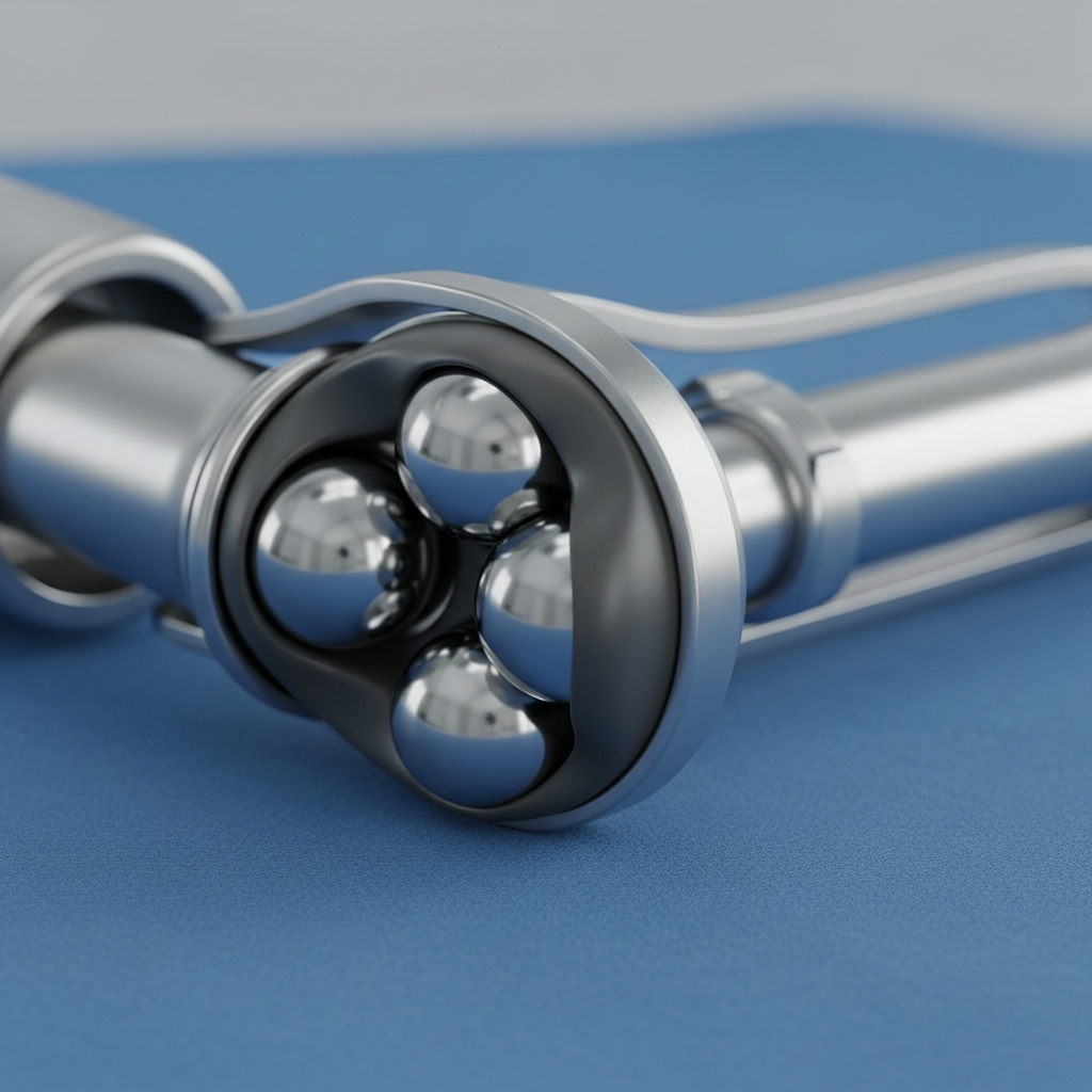 A close-up view of a metallic hip replacement prosthetic device, showing the ball and socket joint components resting on a blue medical sterile field.