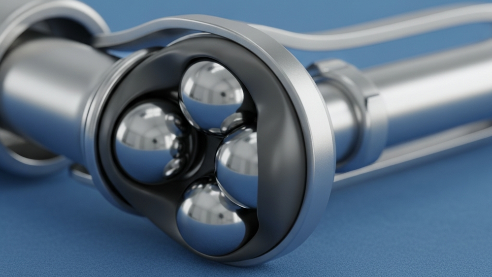 A close-up view of a metallic hip replacement prosthetic device, showing the ball and socket joint components resting on a blue medical sterile field.