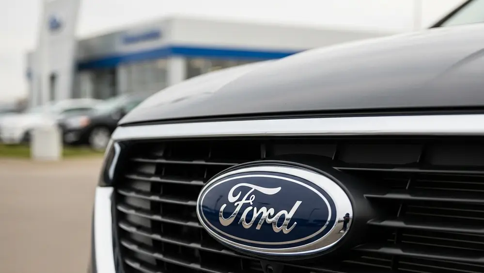 A close-up of a Ford logo on a car grille with a blurred background of a dealership lot.